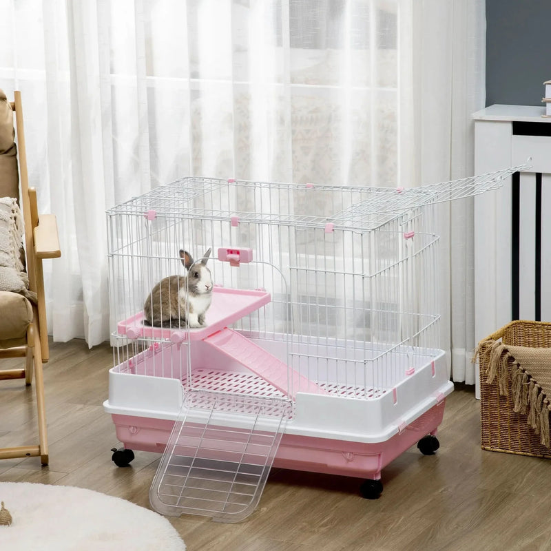 Small Animal Cage Iron & Plastic 2 Level With Wheels Pink Removable Tray