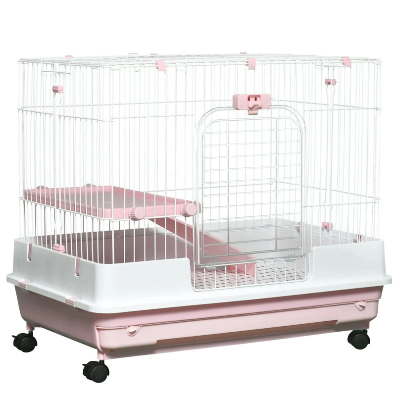 Small Animal Cage Iron & Plastic 2 Level With Wheels Pink Removable Tray