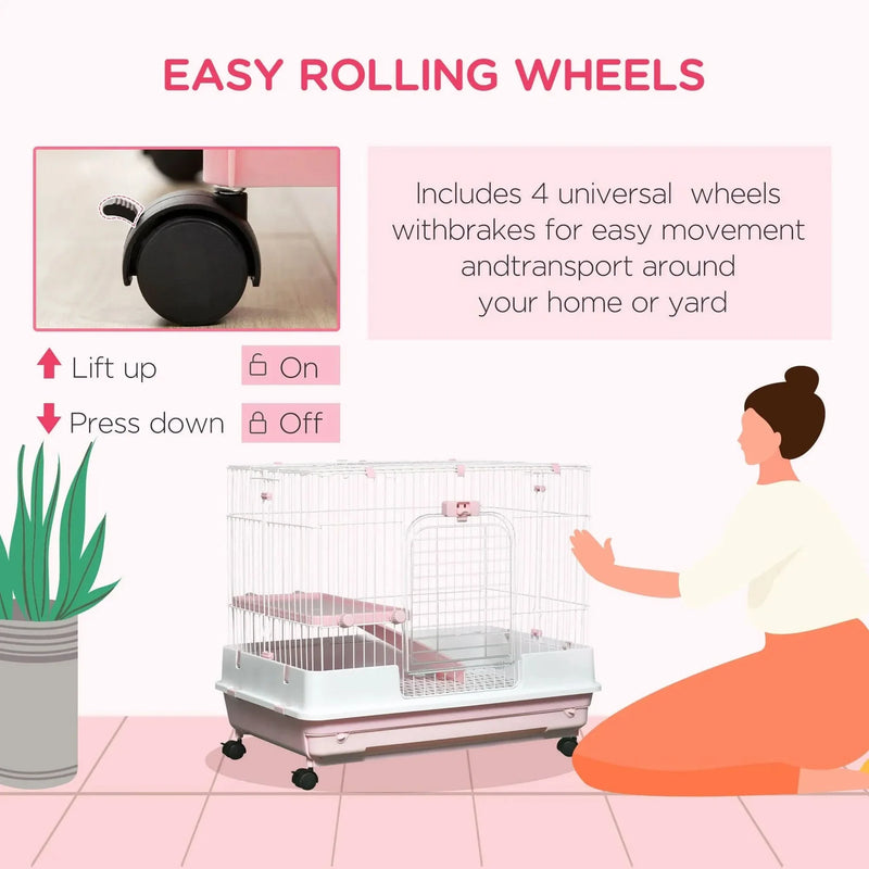 Small Animal Cage Iron & Plastic 2 Level With Wheels Pink Removable Tray