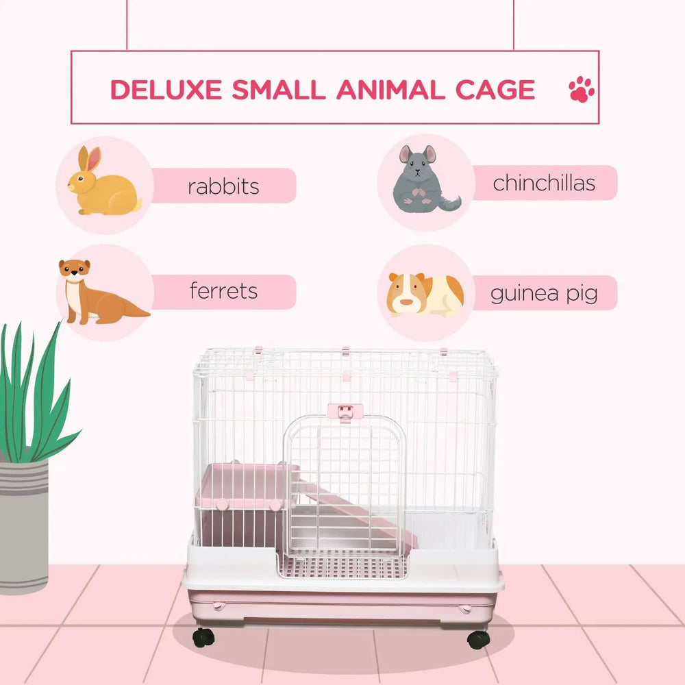 Small Animal Cage Iron & Plastic 2 Level With Wheels Pink Removable Tray Media 6