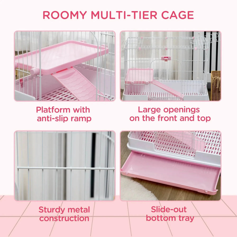 Small Animal Cage Iron & Plastic 2 Level With Wheels Pink Removable Tray Media 5