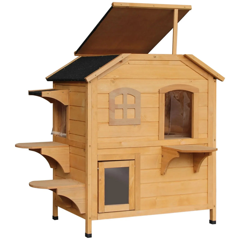 Outdoor Cat House Weatherproof Wood Two Story With Escape Door Openable Roof
