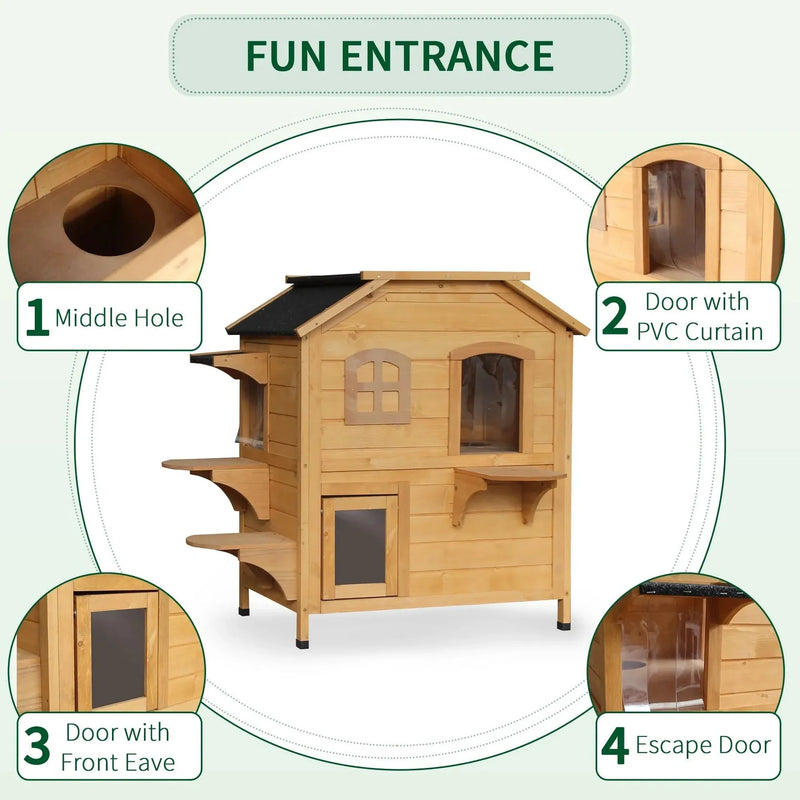 Outdoor Cat House Weatherproof Wood Two Story With Escape Door Openable Roof