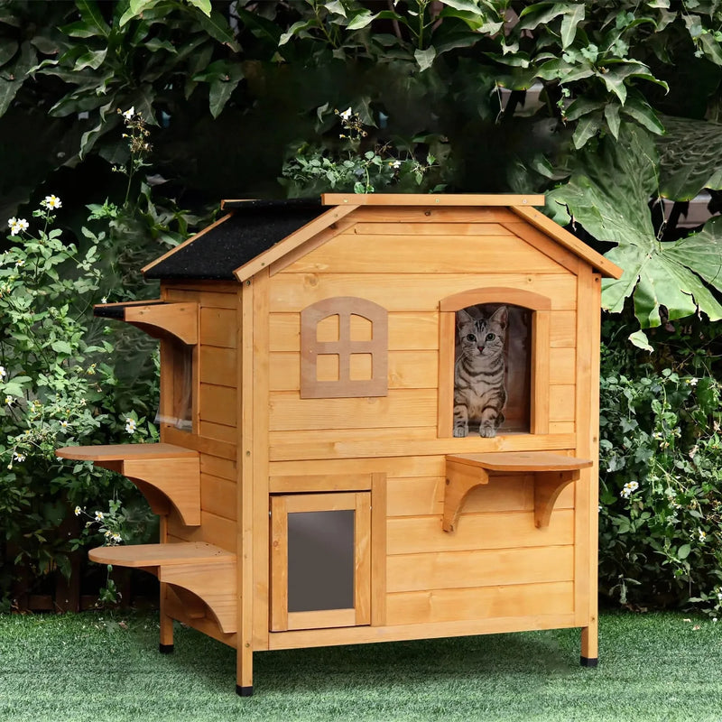 Outdoor Cat House Weatherproof Wood Two Story With Escape Door Openable Roof