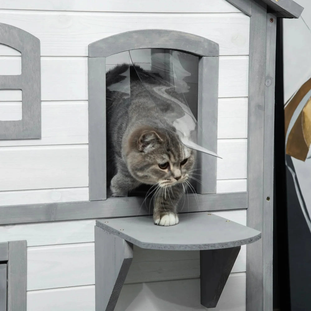 Outdoor Cat House Wood Weatherproof Two Story Enclosure With Escape Door Media 5