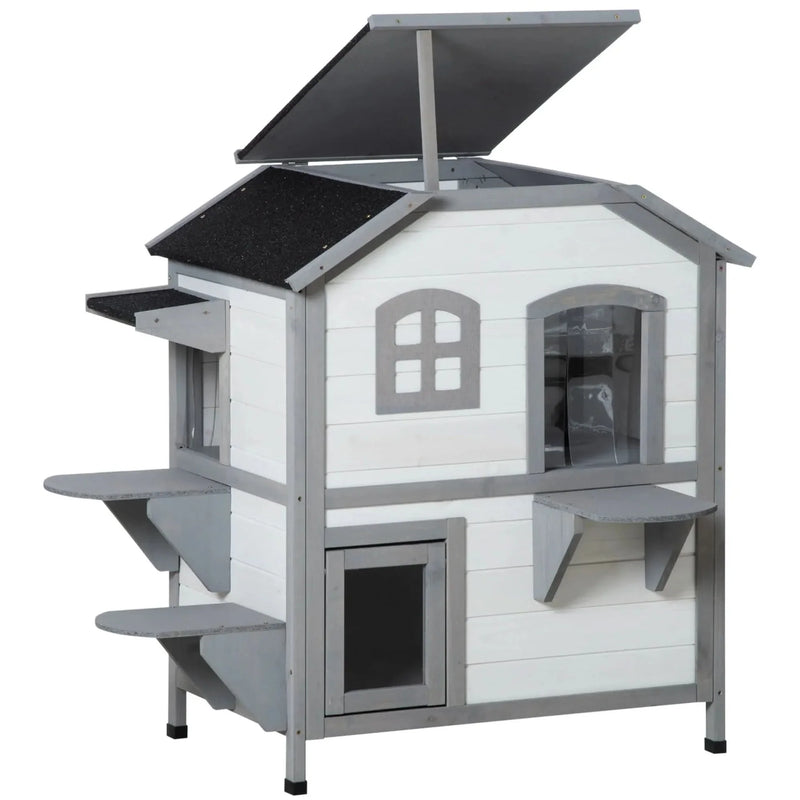 Outdoor Cat House Wood Weatherproof Two Story Enclosure With Escape Door