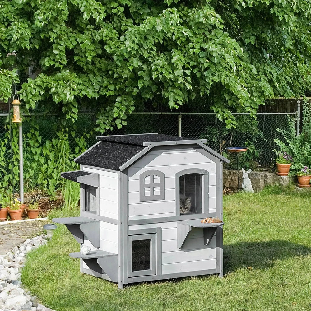 Outdoor Cat House Wood Weatherproof Two Story Enclosure With Escape Door Media 9