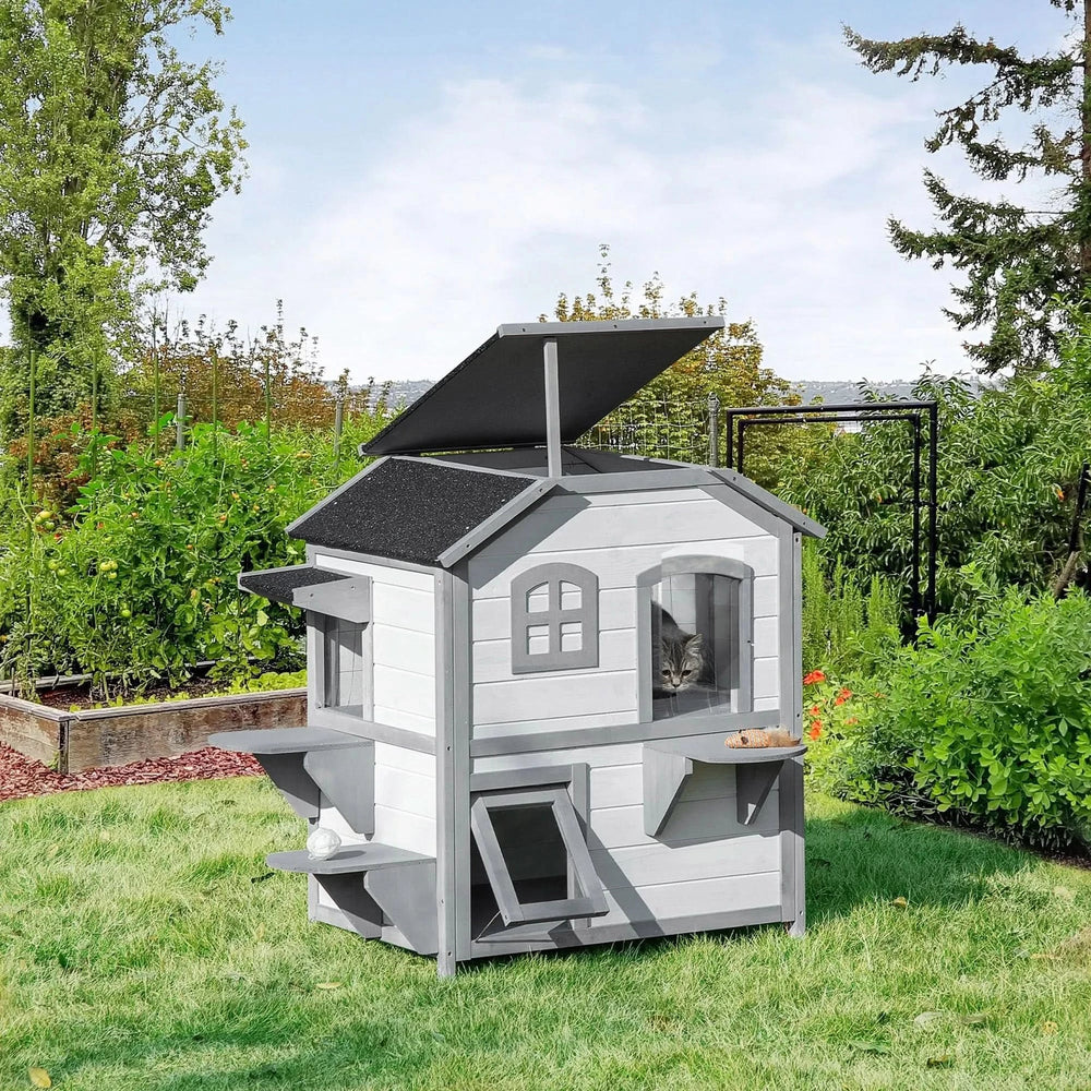 Outdoor Cat House Wood Weatherproof Two Story Enclosure With Escape Door Media 8