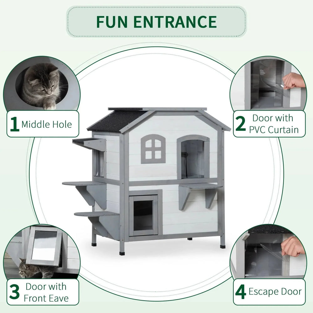 Outdoor Cat House Wood Weatherproof Two Story Enclosure With Escape Door Media 4