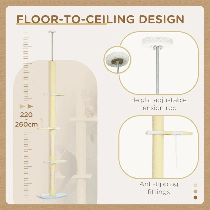 Cat Tower Floor To Ceiling Height Adjustable 87-103 Inches & Plush Platforms