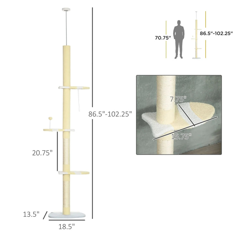 Cat Tower Floor To Ceiling Height Adjustable 87-103 Inches & Plush Platforms