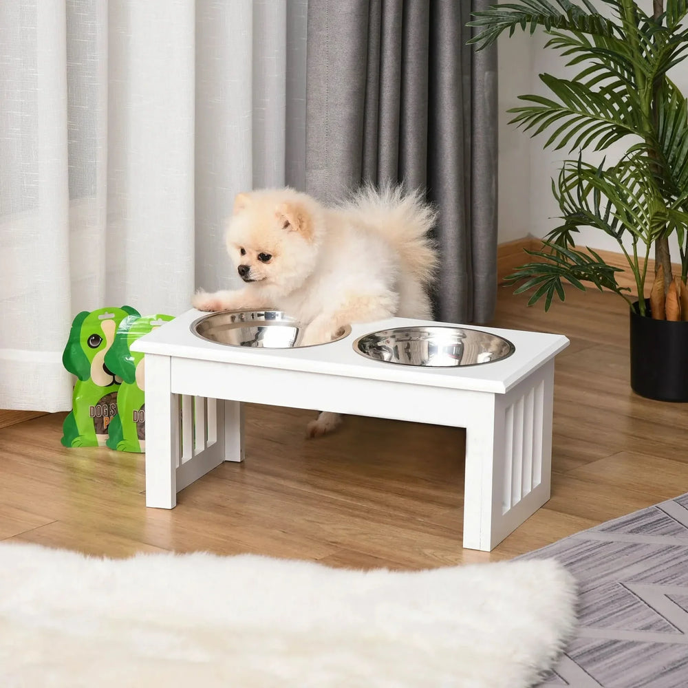 Elevated Dog Feeding Station Stainless Steel Bowls Modern Wooden Frame Media 2