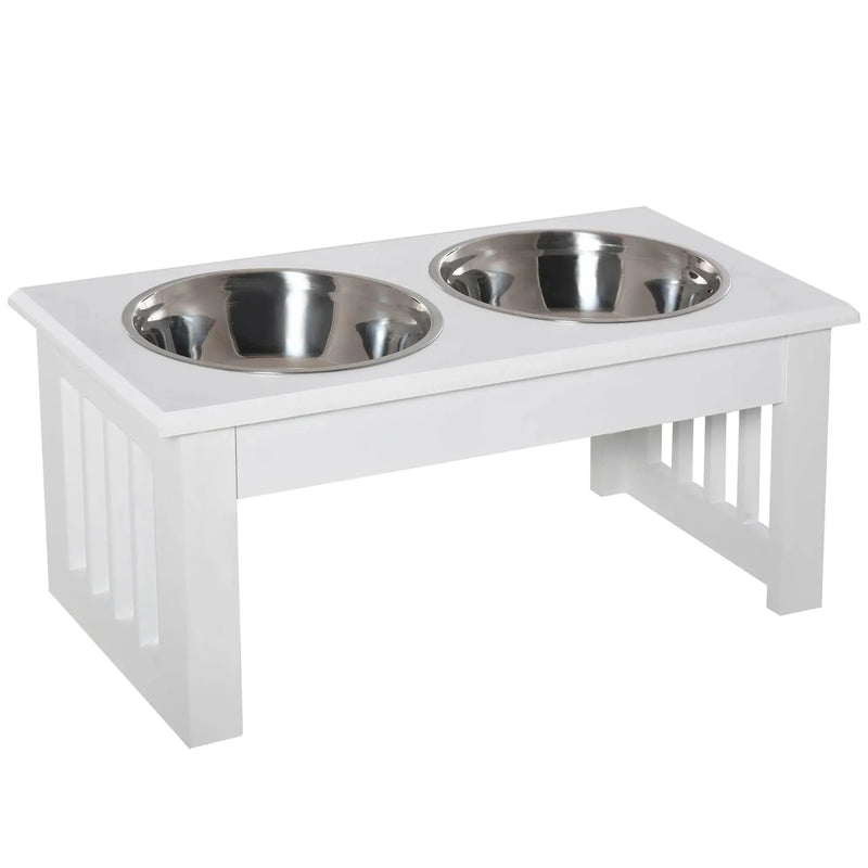 Elevated Dog Feeding Station Stainless Steel Bowls Modern Wooden Frame