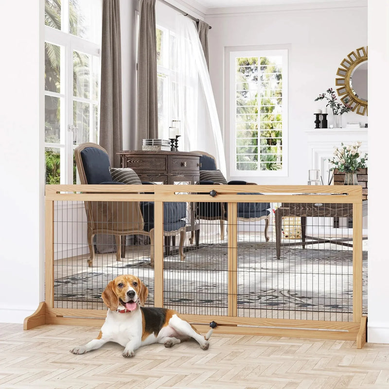 Pet Gate Wood Freestanding Adjustable Length Barrier For Doorways