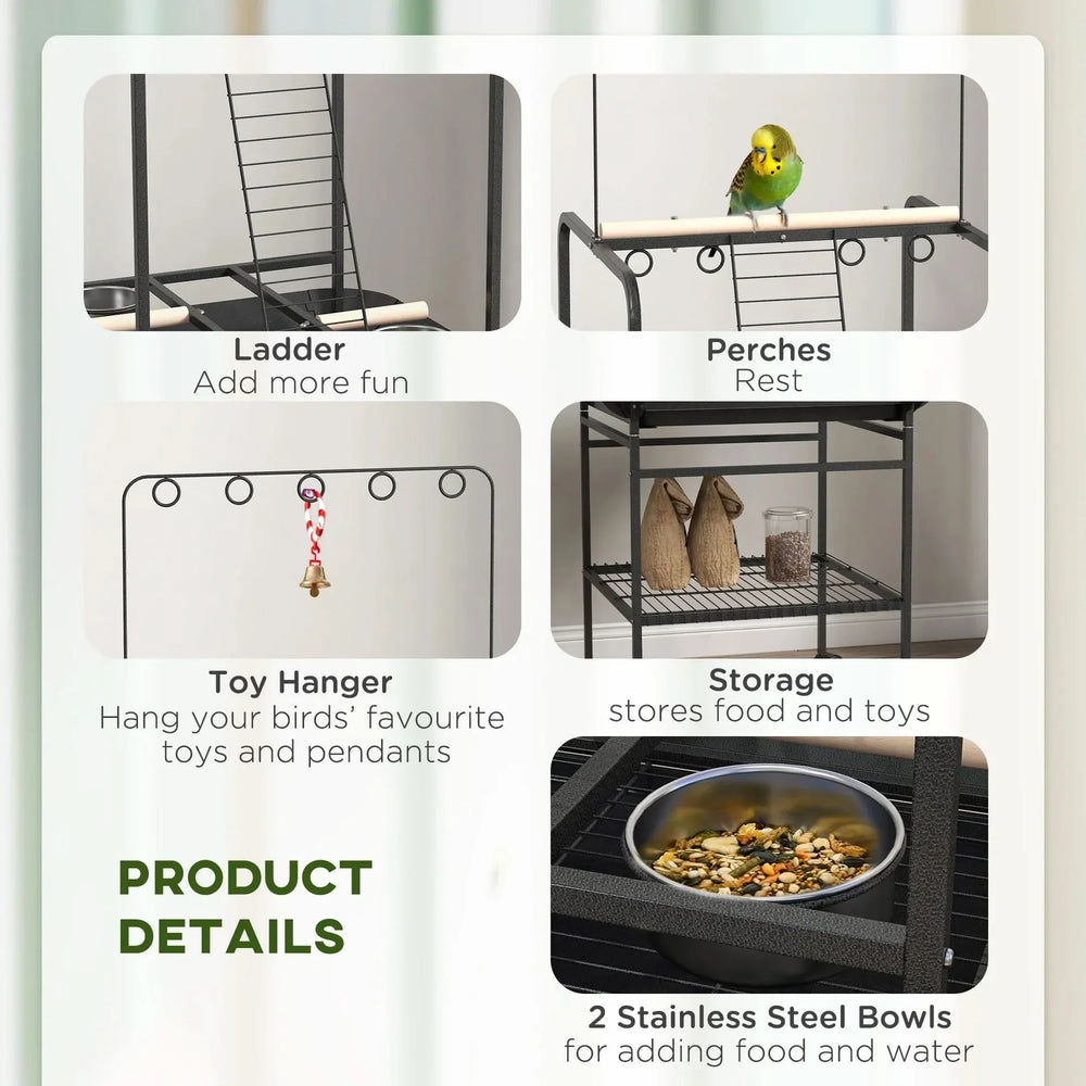 Bird Stand Wood Indoor Outdoor Parrot Playground With Wheels & Pull-Out Tray Media 7