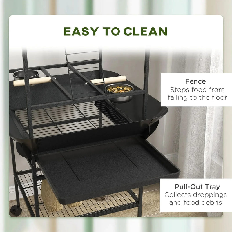 Bird Stand Wood Indoor Outdoor Parrot Playground With Wheels & Pull-Out Tray
