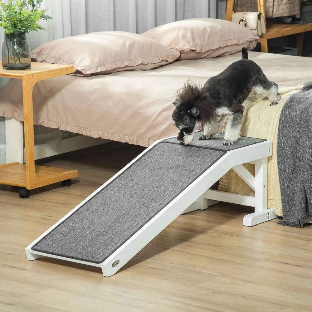 Dog Ramp For Bed Non-Slip Carpet Top Platform White Wood Construction For Pets Media 2