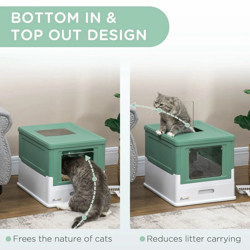 Cat Litter Box Green Polypropylene Fully Enclosed Hooded Front Entry With Scoop