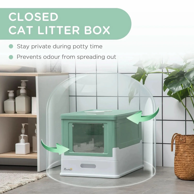 Cat Litter Box Green Polypropylene Fully Enclosed Hooded Front Entry With Scoop