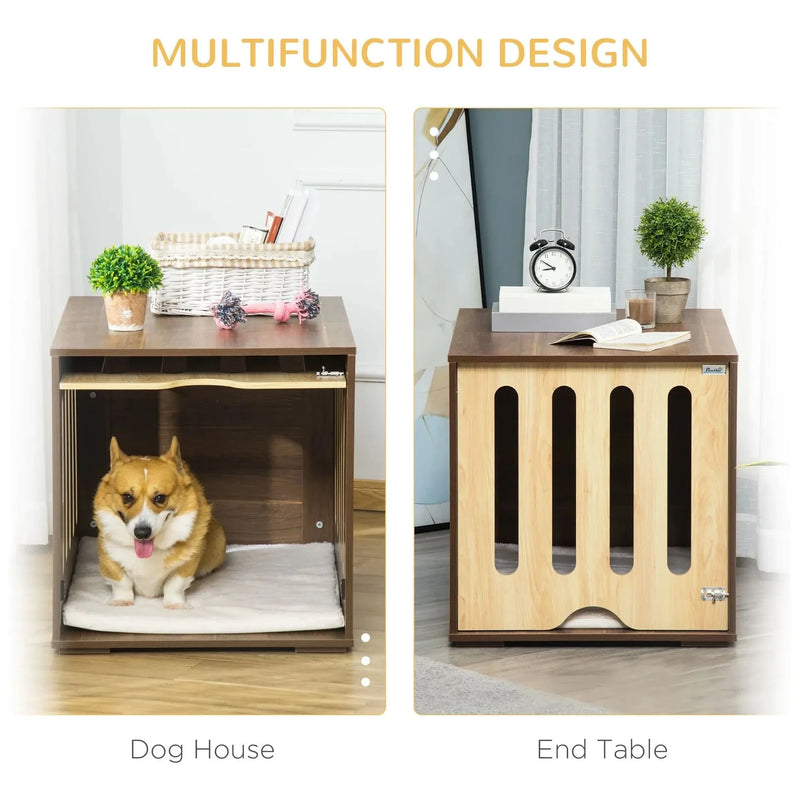 Dog Crate End Table Wooden Removable Door Panel Foam Cushion Small & Medium Dogs
