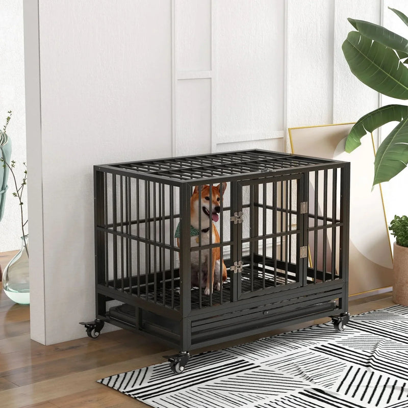 Dog Crate Steel Wheeled Heavy Duty Double Door Removable Tray For Pets