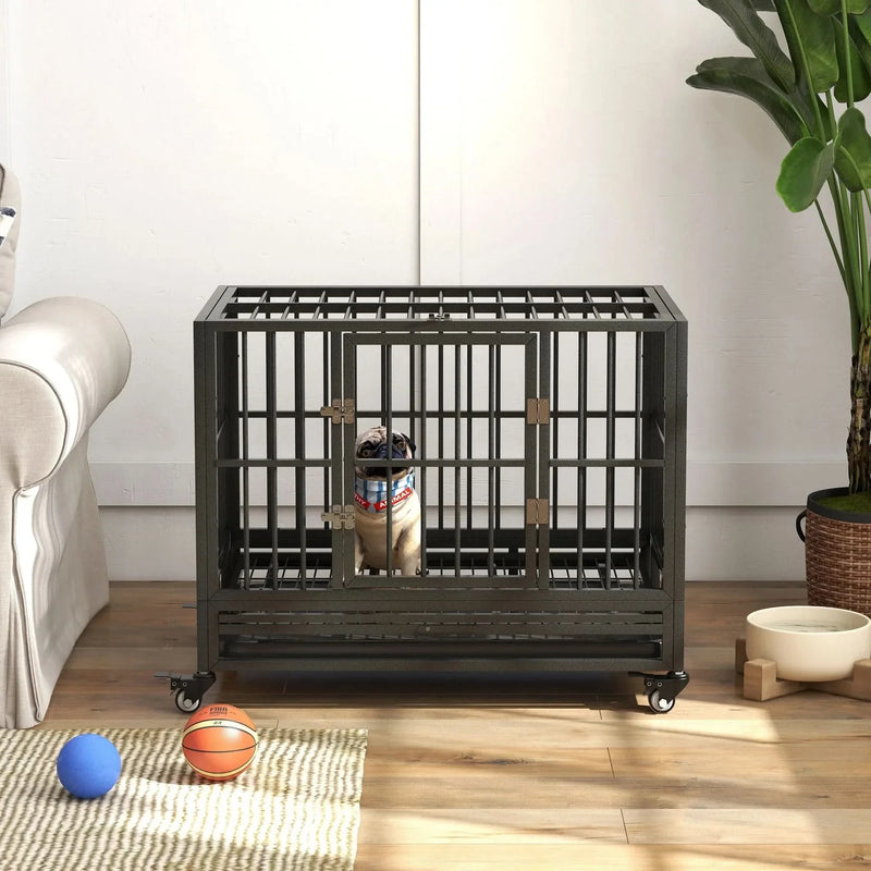 Dog Crate Steel Wheeled Heavy Duty Double Door Removable Tray For Pets