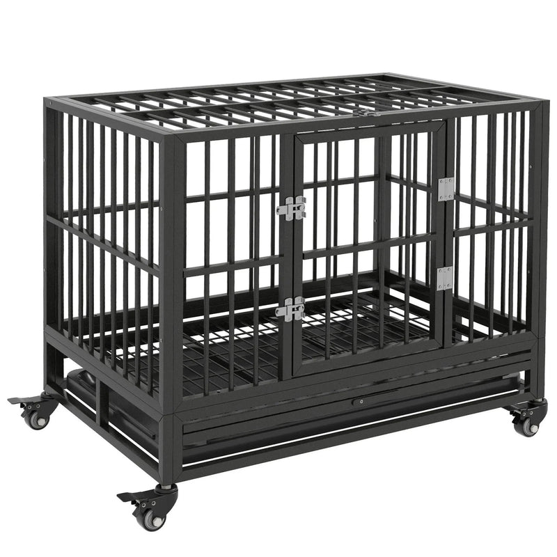 Dog Crate Steel Wheeled Heavy Duty Double Door Removable Tray For Pets