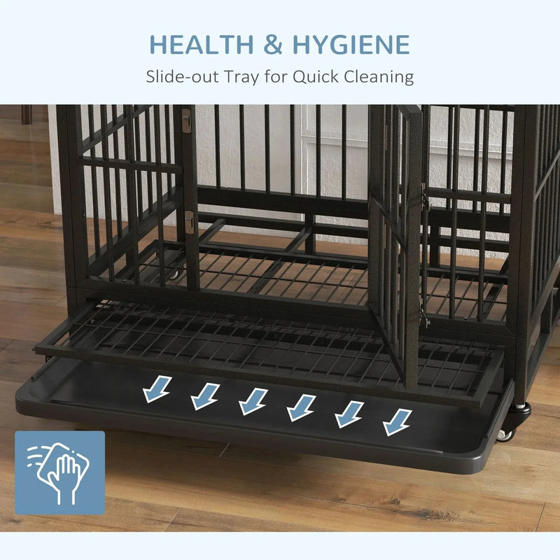 Dog Crate Steel Wheeled Heavy Duty Double Door Removable Tray For Pets