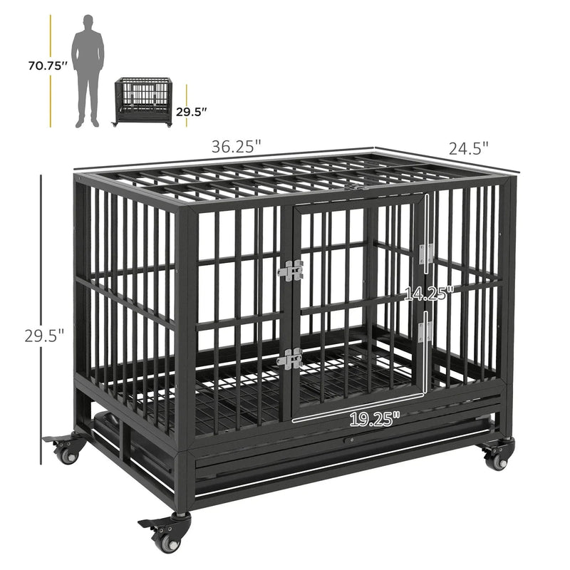 Dog Crate Steel Wheeled Heavy Duty Double Door Removable Tray For Pets