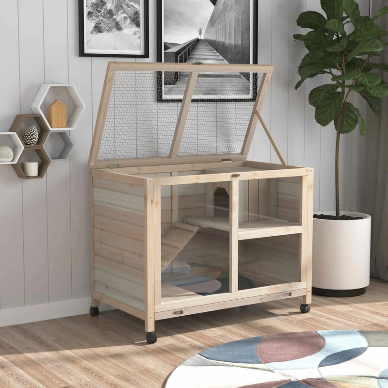 Indoor Rabbit Hutch Wood Waterproof Desk Sized For Small Pets Home Use Wheels