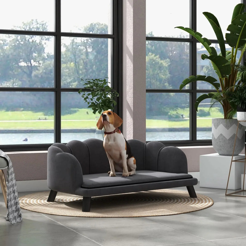 Velvet Dog Sofa & Foam Cushioning & For Large & Medium Dogs In Charcoal Gray