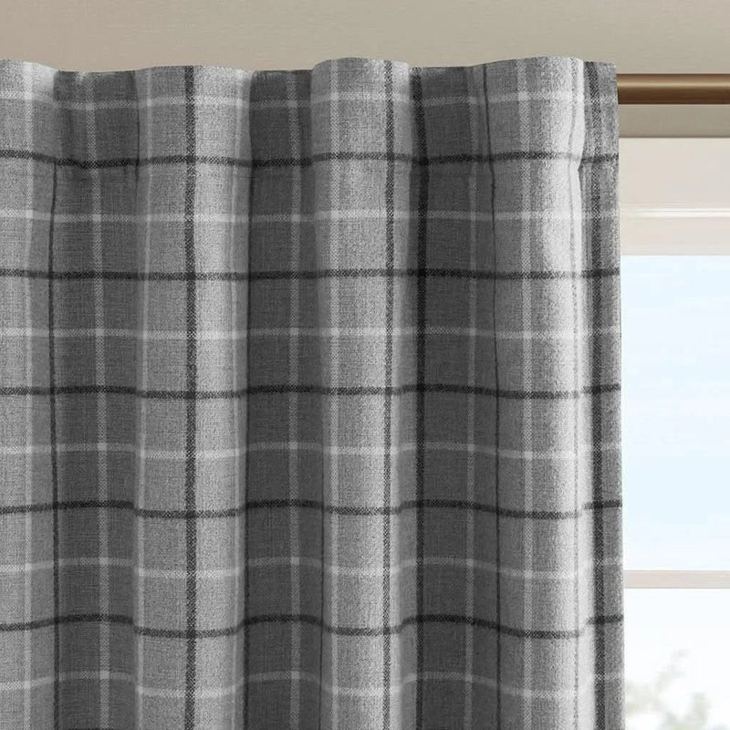 Window Curtain Panel Polyester Faux Leather Tab Top Plaid Fleece Lined