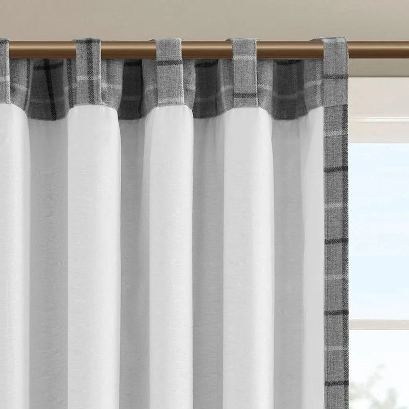 Window Curtain Panel Polyester Faux Leather Tab Top Plaid Fleece Lined