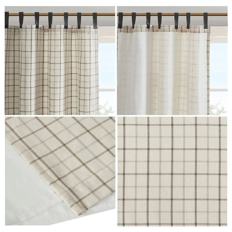 Curtain Panel Cotton Plaid Fleece Lined Tab Top Window Decor Living Room
