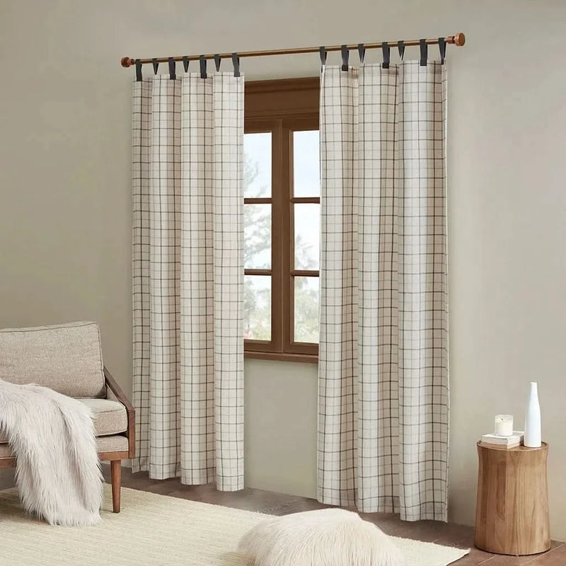 Curtain Panel Cotton Plaid Fleece Lined Tab Top Window Decor Living Room