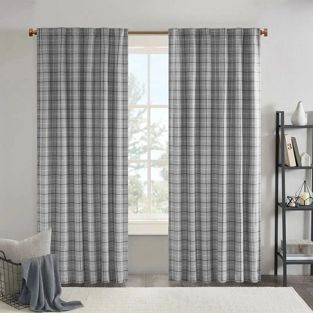 Window Curtain Panel Polyester Faux Leather Tab Top Plaid Fleece Lined Media 1