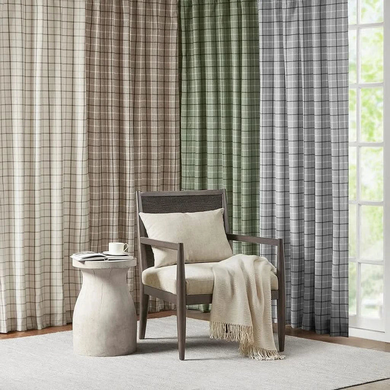 Curtain Panel Cotton Plaid Fleece Lined Tab Top Window Decor Living Room