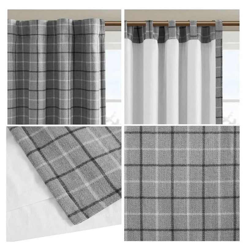Window Curtain Panel Polyester Faux Leather Tab Top Plaid Fleece Lined