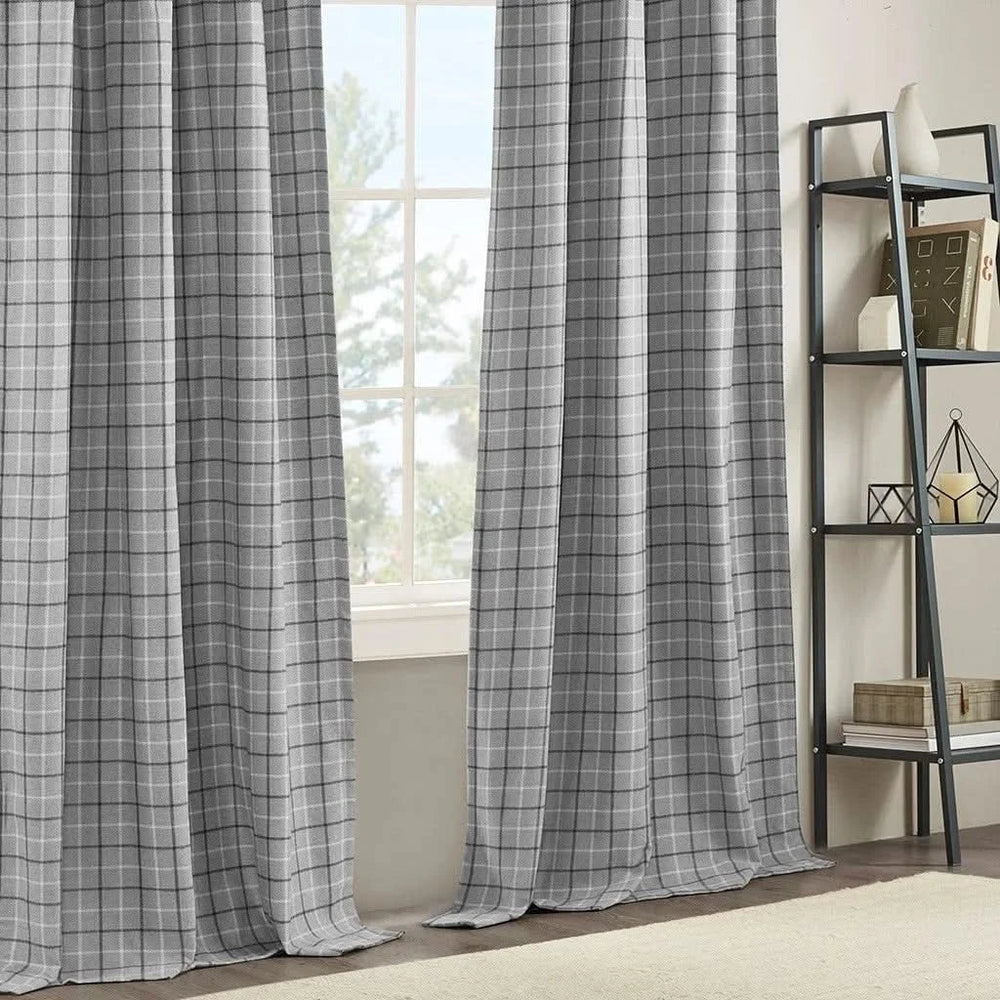 Window Curtain Panel Polyester Faux Leather Tab Top Plaid Fleece Lined Media 5