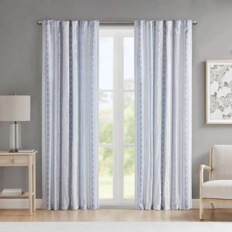 Polyester Curtain Printed Tufted Stripe White Navy Soft Lined 50x84