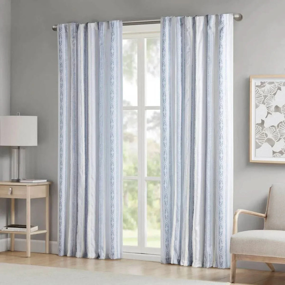 Polyester Curtain Printed Tufted Stripe White Navy Soft Lined 50x84 Media 1