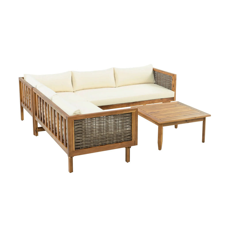 Outdoor Sectional Sofa Set Acacia Wood & Waterproof Cushions Beige