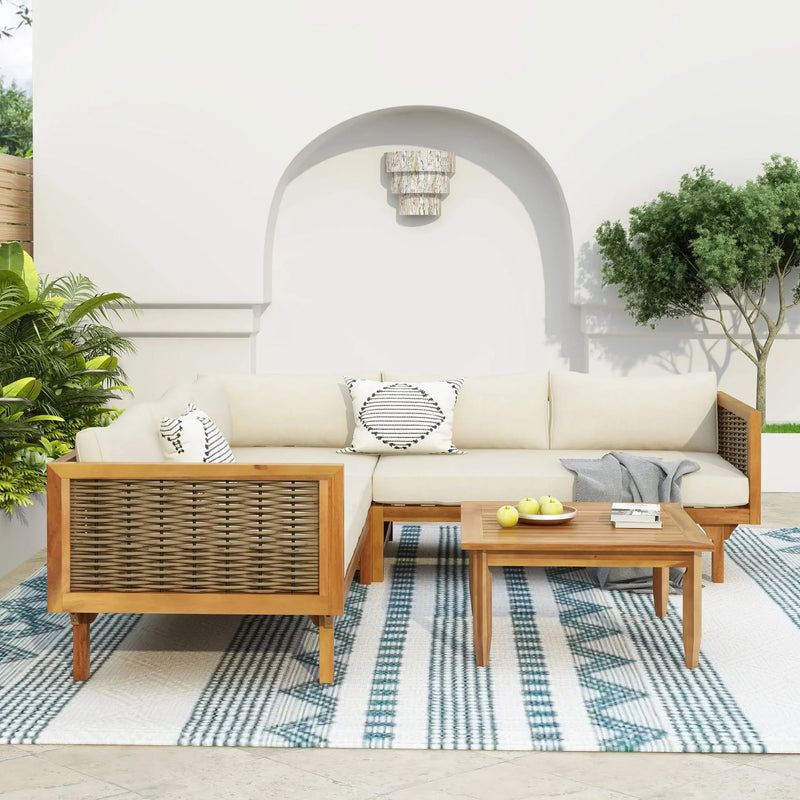 Outdoor Sectional Sofa Set Acacia Wood & Waterproof Cushions Beige