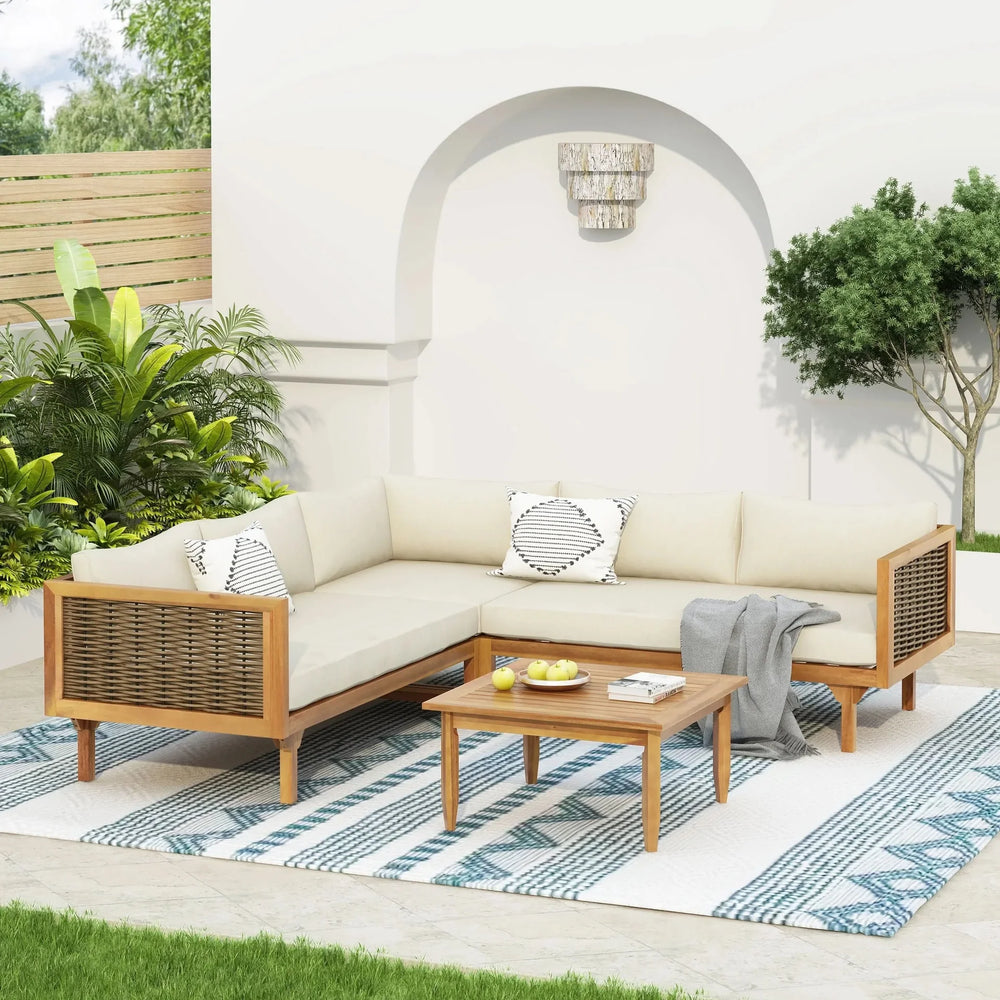 Outdoor Sectional Sofa Set Acacia Wood & Waterproof Cushions Beige Media 4
