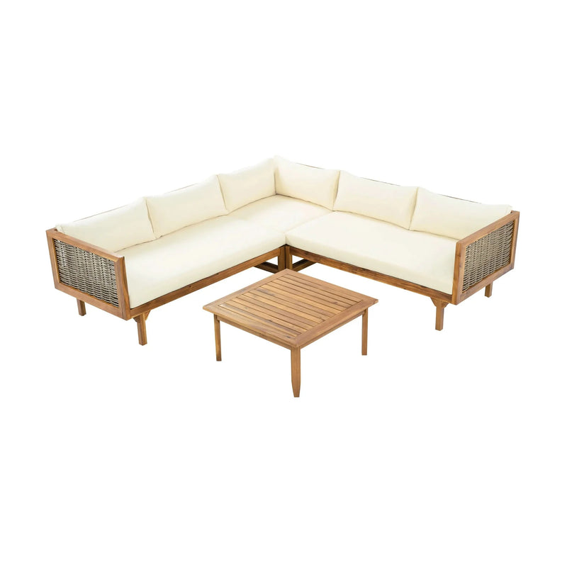 Outdoor Sectional Sofa Set Acacia Wood & Waterproof Cushions Beige
