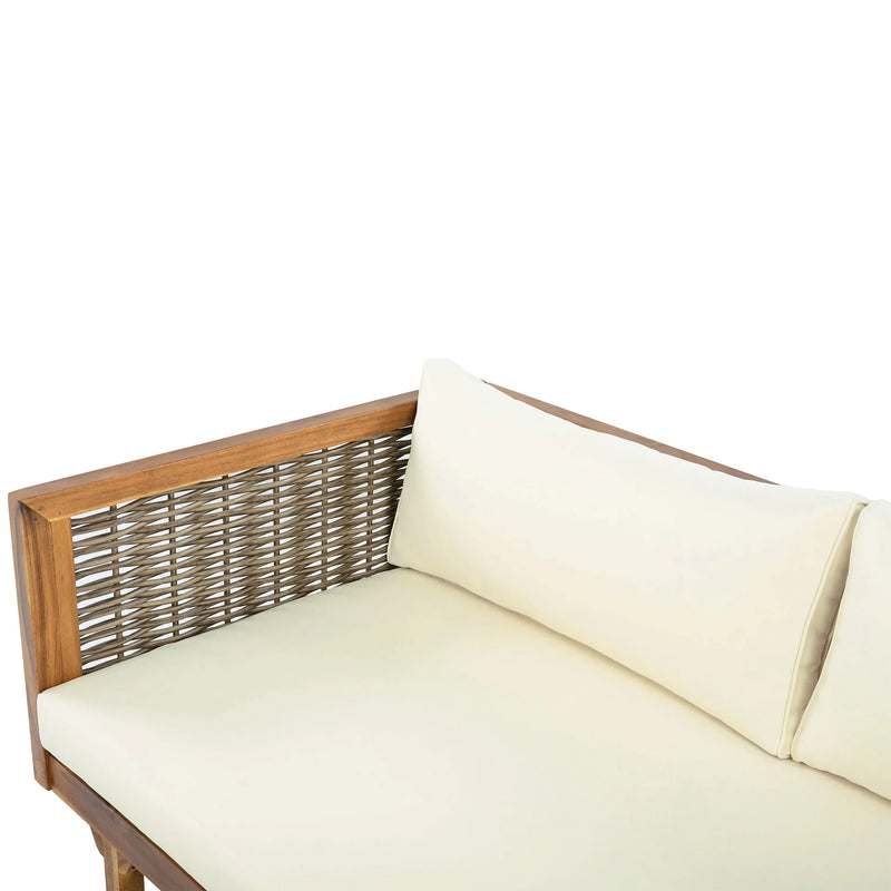 Outdoor Sectional Sofa Set Acacia Wood & Waterproof Cushions Beige