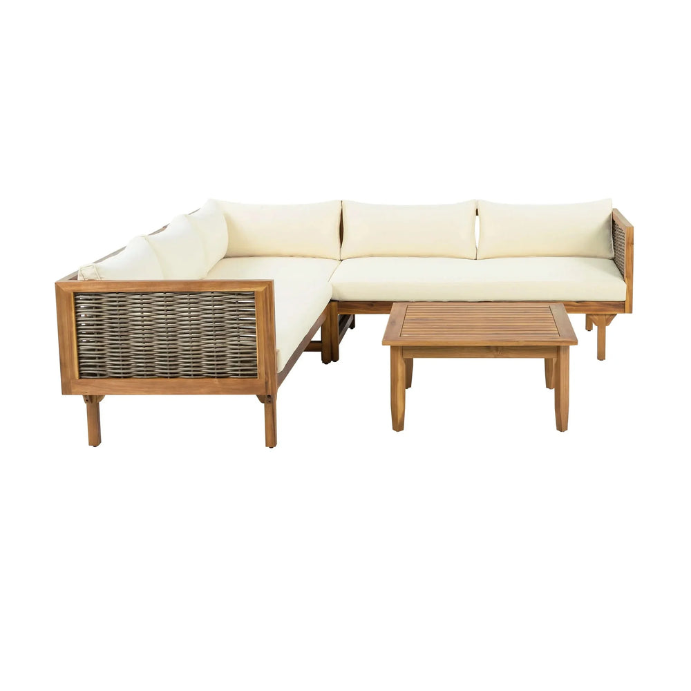 Outdoor Sectional Sofa Set Acacia Wood & Waterproof Cushions Beige Media 8