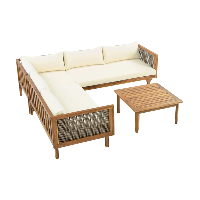 Outdoor Sectional Sofa Set Acacia Wood & Waterproof Cushions Beige