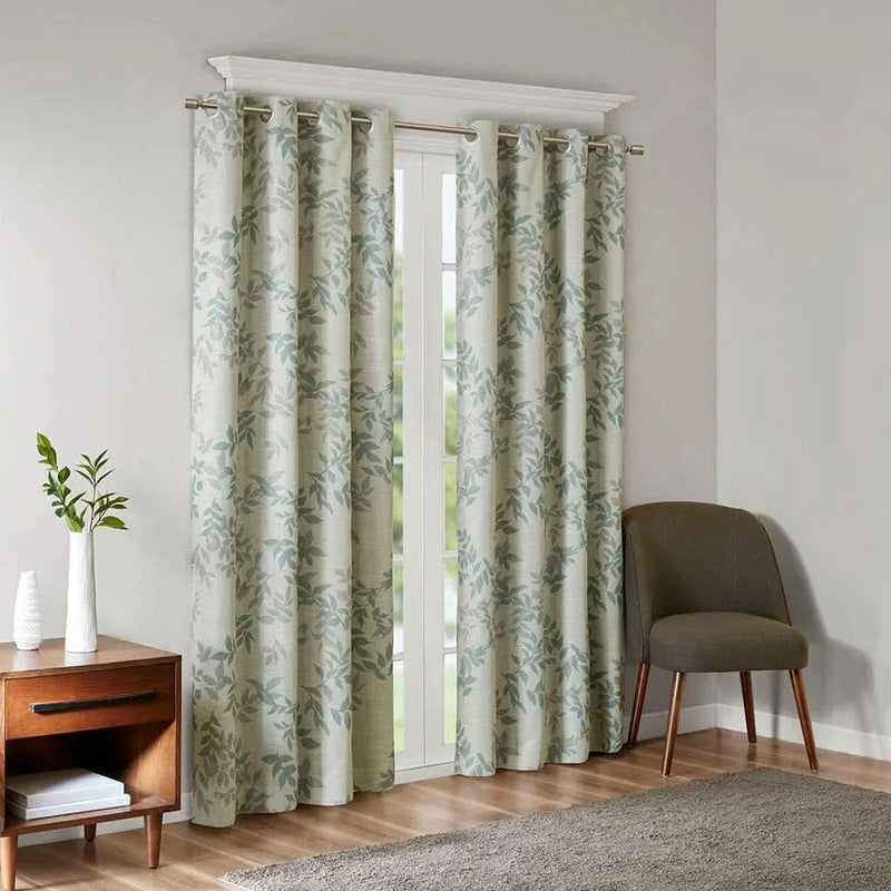 Printed Botanical Curtain Panel Aqua Blue Floral Polyester Blackout