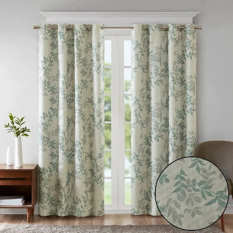 Printed Botanical Curtain Panel Aqua Blue Floral Polyester Blackout